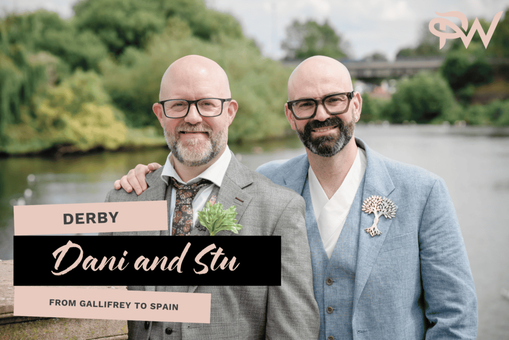 Professional wedding portrait of Dani and Stu outdoors by the river in Derby, UK, capturing their sp.