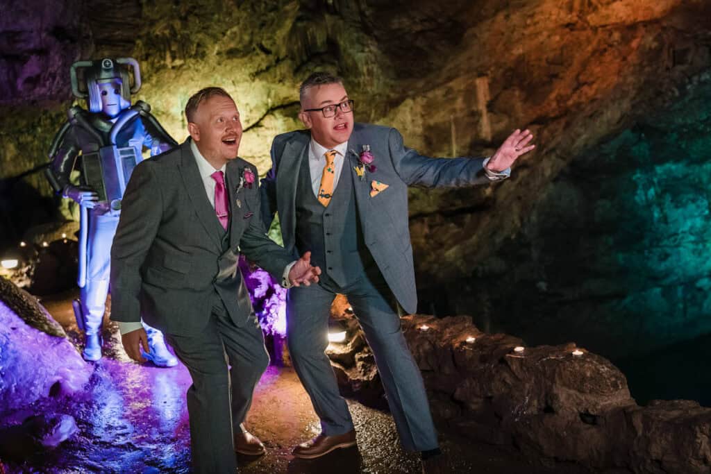 two grooms and a Cyberman from doctor who at wookey hole